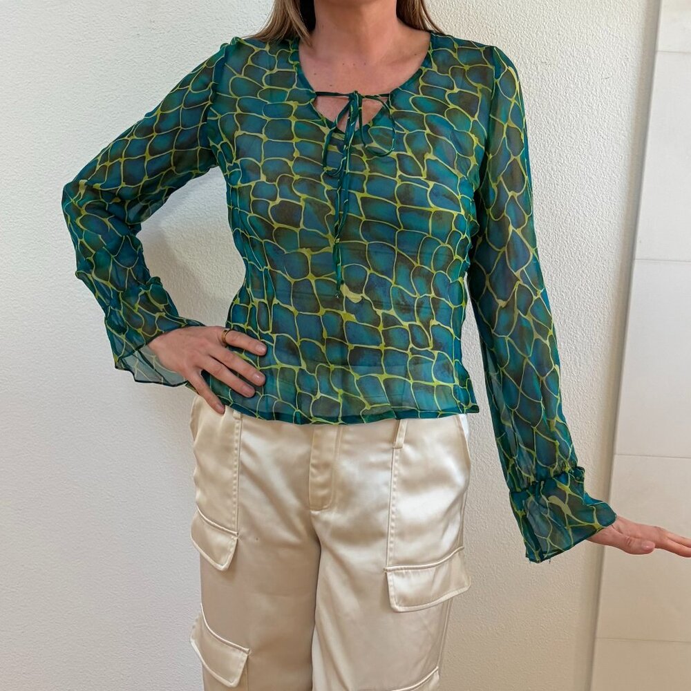 Alice & Trixie Silk Sheer Blouse Medium Green Teal Abstract Print USA